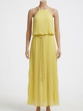 Bright Yellow Pleated Halter Maxi Dress